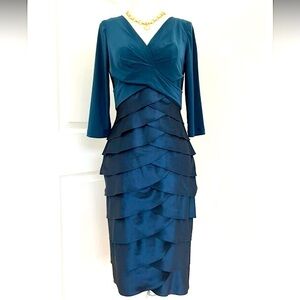 Adrianna Papell Teal Stretch Pleated Shutter VNeck 3/4 Sleeve Work Party Dress 6